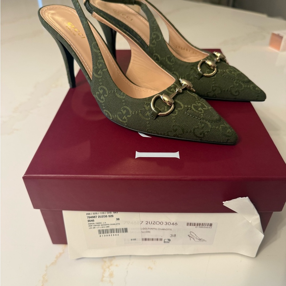 GUCCI SLINGBACK PUMP HORSEBIT GREEN CANVAS 38 - Picture 15 of 15